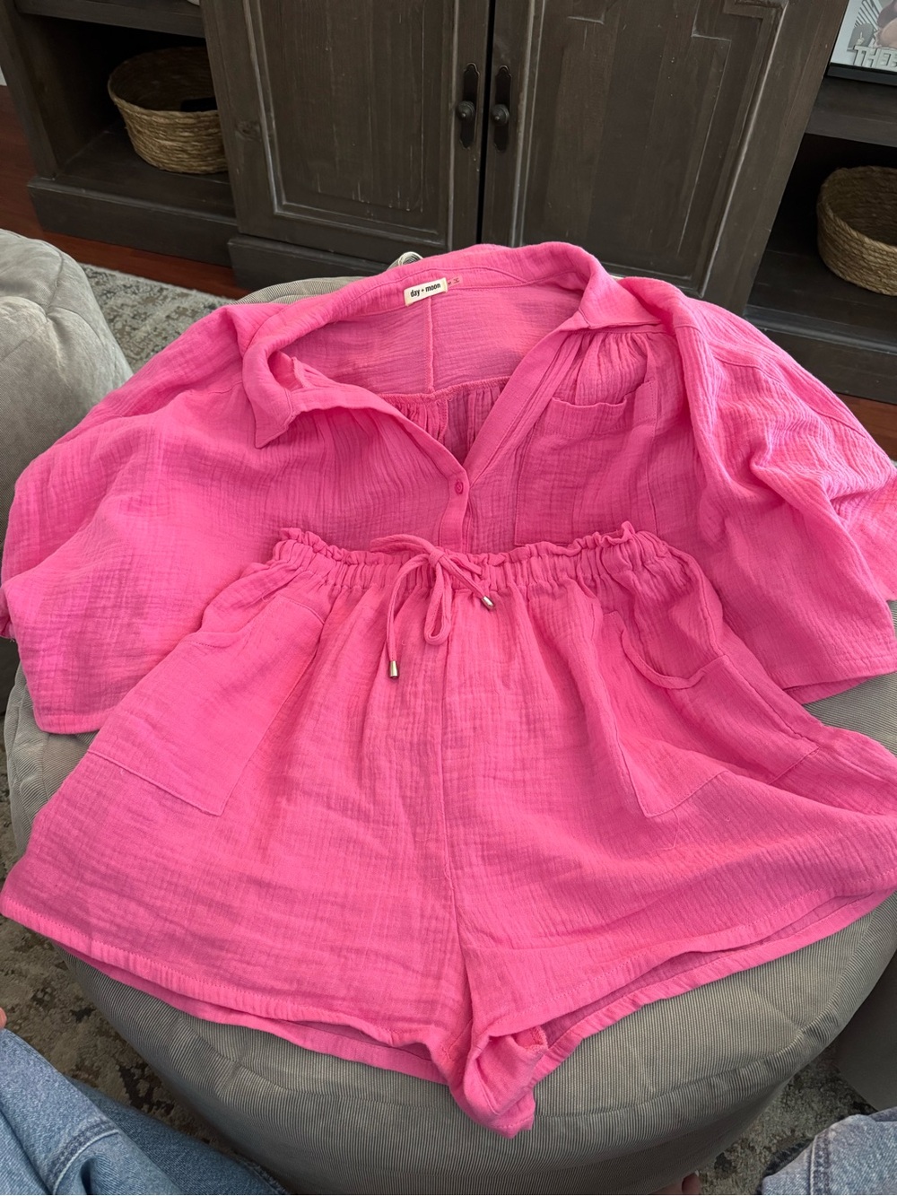 Pink Two-Piece Gauze Shirt & Shorts Set